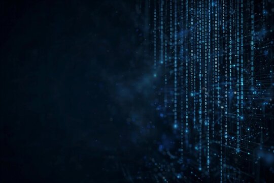Digital binary code streaming downward against a dark abstract blue technology background with glowing circuitry
