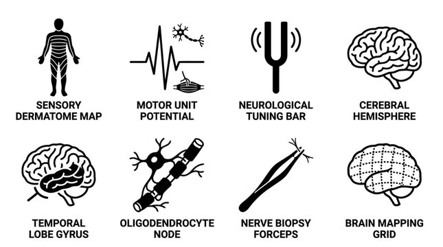 Neurological examination and brain mapping icons for neuroscience research and clinical diagnostics with diagnostic dermatome potential cerebral hemisphere temporal