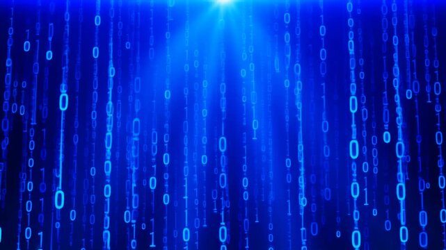 Blue Digital Rain of Binary Code Falling in Futuristic Sci-Fi Abstract Background