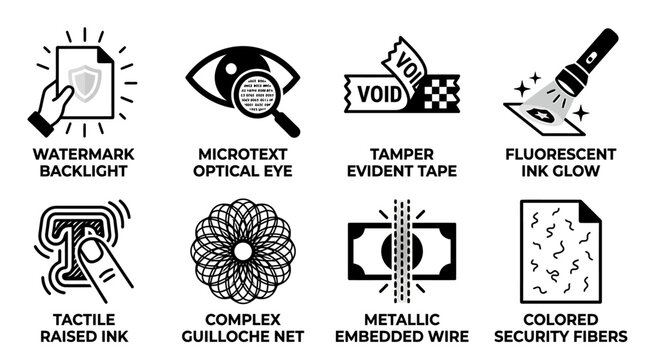 Graphic collection of document security features and counterfeit prevention printing elements with anti tamper verification authentication protection