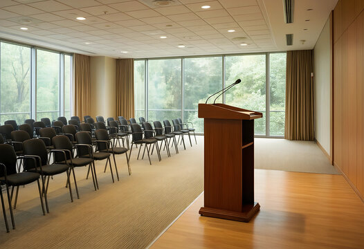 conference room with podium and microphone, corporate presentation and business seminar setting, empty lecture hall for public speaking and training