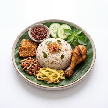 Authentic Indonesian Nasi Uduk Rice with Fried Tempeh and Omelette on Banana Leaf Plate