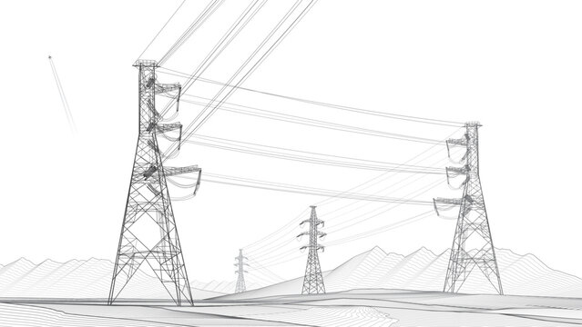 Black and white vector landscape with high voltage electricity transmission towers, overhead power lines and mountains. Detailed engineering line art illustration of electrical infrastructure