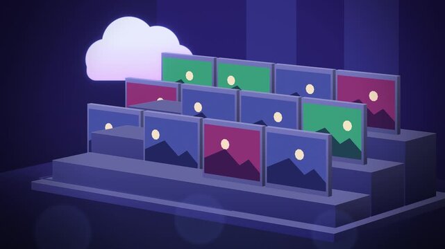 Cloud photo library syncing picture cards tilted view building up