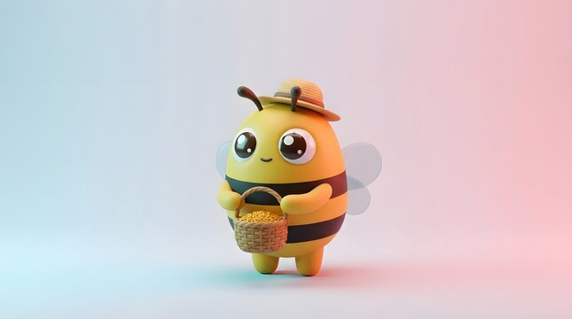 Cute cartoon bee character wearing a straw hat holding a small woven