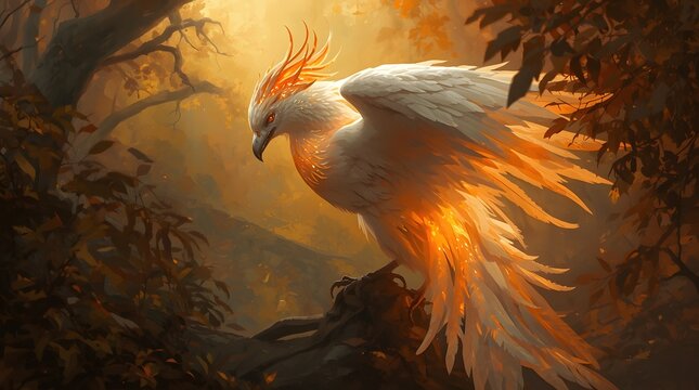 Majestic white and gold phoenix bird glowing with fiery energy perched in an enchanted autumn forest