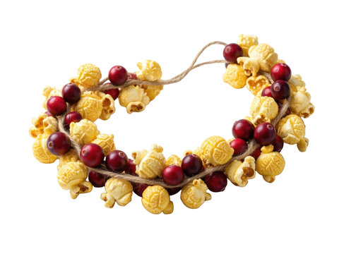 Strung popcorn and cranberry garland, isolated on transparent background