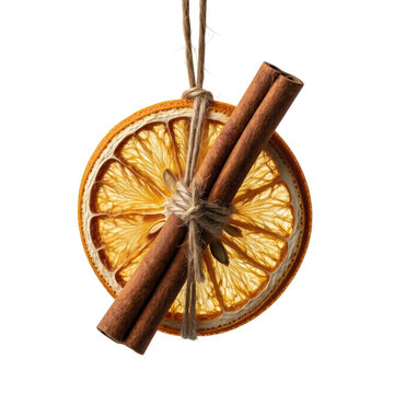 Dried orange slice ornament with cinnamon sticks, isolated on transparent background