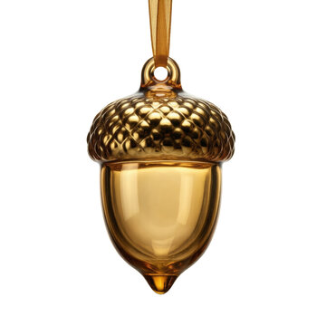 Gold glass acorn ornament on a ribbon, isolated on transparent background