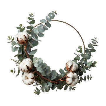 Minimal eucalyptus and cotton wreath on a gold hoop, isolated on transparent background
