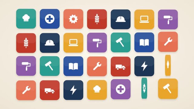 Seamless loop of colorful flat icon tiles flipping to show worker tools and professions: hard hat, wrench, gear, hammer, chef hat, laptop, truck, wheat, book, medical cross and more.
