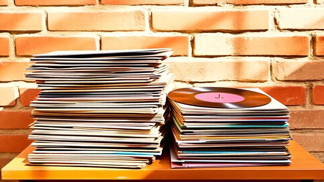 Stack of Vinyl Records and Magazines Against Brick Wall, Retro Music and Reading