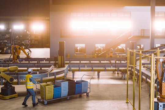 Automated warehouse sorting line with workers and robotic arms in warm industrial light 3D render
