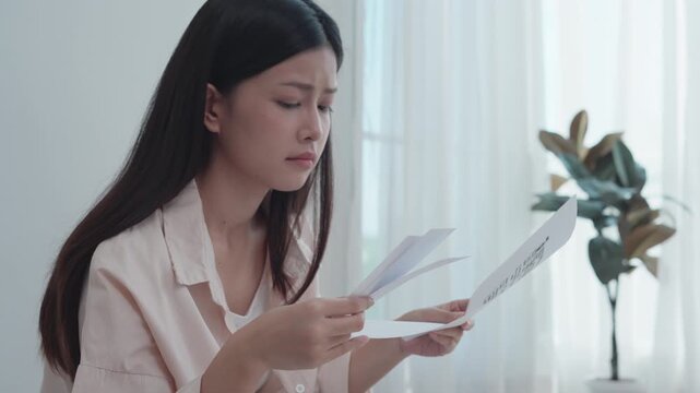 Stressed and headache asian woman with large bills or invoices no money to pay to expenses and credit card debt. shortage, Financial problems, mortgage, loan, bankruptcy, bankrupt, poor, empty wallet