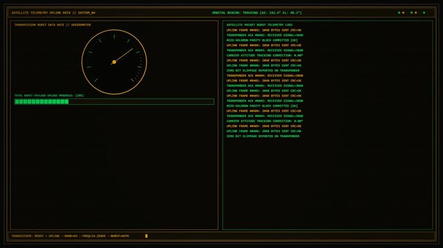 Authentic 1980s aerospace mainframe satellite uplink telemetry dashboard featuring carrier alignment vectors, analog transmission speedometer, and dynamic packet stream logs in amber and phosphor gree
