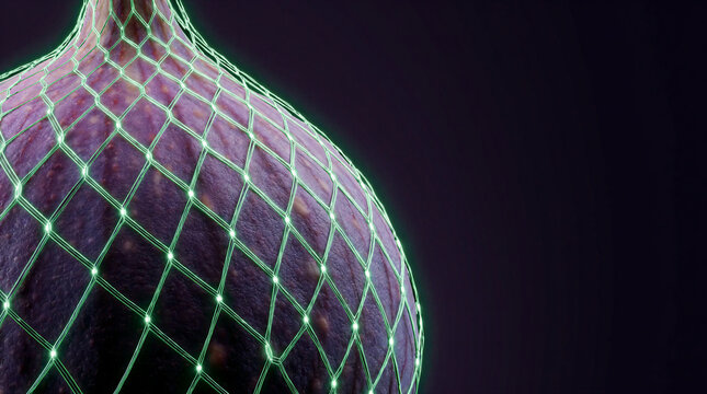 Fig fruit skin thickening into a tough leathery exterior interlaced with a glowing digital mesh hiding sweet interior light