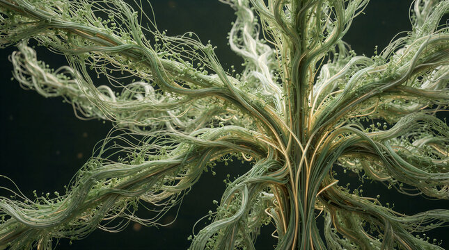 Thigmomorphogenesis structural reinforcement expanding outward from a central stem with geometric wind-responsive growth