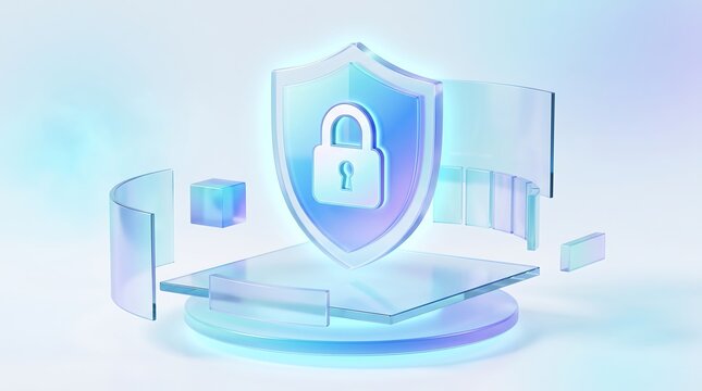 Futuristic glass shield icon with floating cubes and data panels representing secure digital ecosystem and information protection in professional 3d render