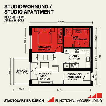 Studio Apartment Floor Plan, 48 sqm, Bedroom, Kitchen, Living Room, Balcony