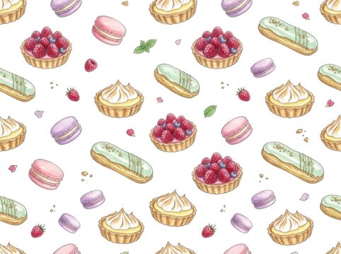 Watercolor seamless pattern background featuring fresh ripe strawberries, sweet peaches, plums, rustic bakery bread, and French pastries