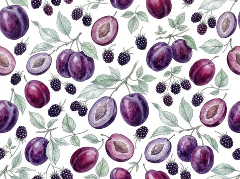 Watercolor seamless pattern background featuring fresh ripe strawberries, sweet peaches, plums, rustic bakery bread, and French pastries