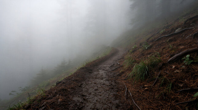 Steep mountain trail disappearing into thick obscuring fog on rugged slope