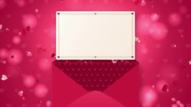 Valentine love letter envelope opening with a blank greeting card, flying hearts and rose petals, animation in 4K
