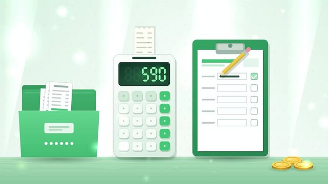 Tax season animation, receipts filed, calculator adding up, tax form approved and refund coins stacking up in 4K