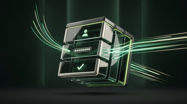 Futuristic digital authentication cube with user profile and password verification glowing with neon green data streams representing advanced secure cloud computing architecture