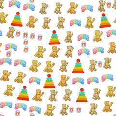 Fototapeta premium Seamless pattern of cute wooden dolls, stacking rings, and slinky toys