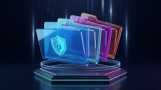 Futuristic digital file folders with security shield icon floating on glowing neon platform for data protection and cybersecurity concept 3d render
