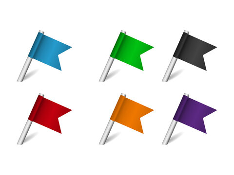 Set of colorful map pins with pennant flags for location markers transparent background