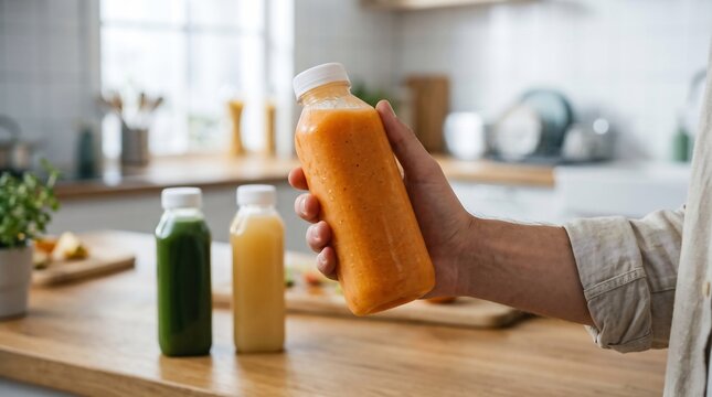 Hand Holding Fresh Orange Smoothie Bottle in Kitchen
