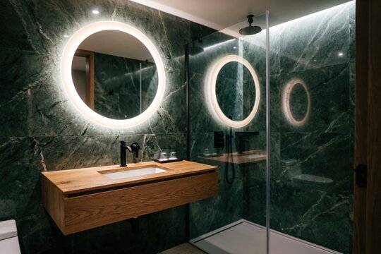 Ba&ntilde;o moderno y compacto con llamativas paredes de m&aacute;rmol verde oscuro en gran formato, un mueble de lavabo suspendido de roble y un espejo redondo retroiluminado