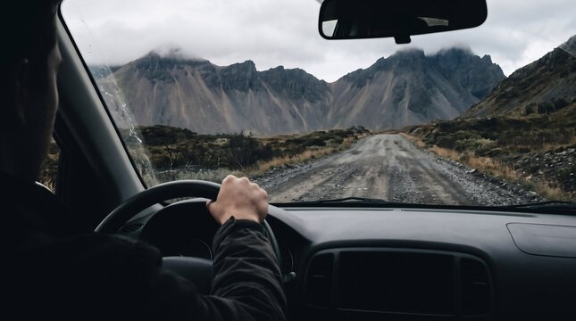 Man driving car on gravel road towards rugged mountains