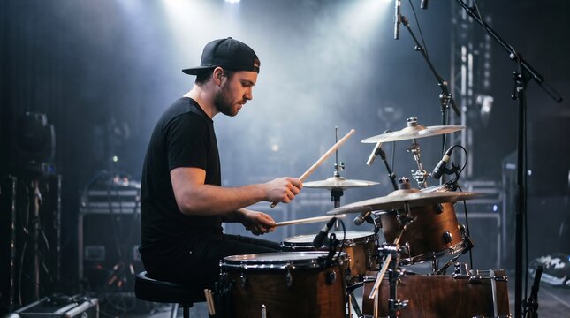 Male Drummer Playing Acoustic Drum Kit on Stage