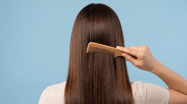 Woman Combing Long Straight Brunette Hair with Wooden Comb