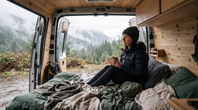 Woman relaxing in camper van with coffee looking at misty forest