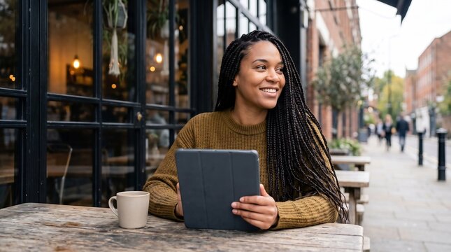 Smiling woman using digital tablet at an outdoor cafe