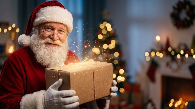 Smiling Santa Claus holding a magical glowing parcel box in a festive room with a Christmas tree, perfect for commercial delivery promotions, holiday shopping ads, and corporate greetings.