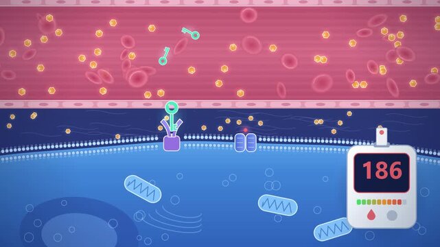 Insulin works like a key that opens the cell for glucose, blood sugar level drops, diabetes explainer animation in 4K
