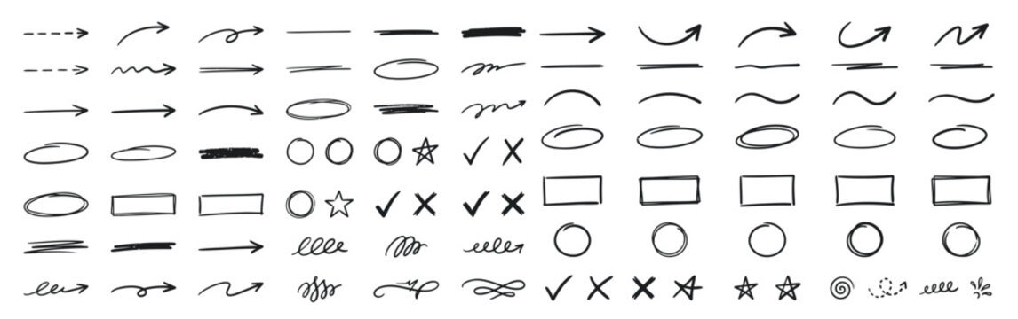 Hand Drawn Doodle Elements Collection with Arrows Circles Stars and Checkmarks on White Background Vector Illustration