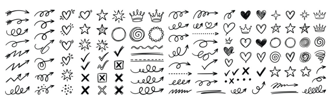 Hand drawn doodle icons with arrows hearts stars and checks on white background vector illustration