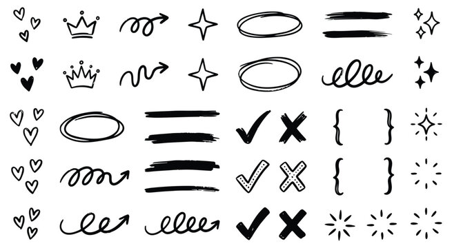 Hand drawn doodle icons with hearts crowns arrows stars circles checkmarks Xs and swirls on white background vector illustration