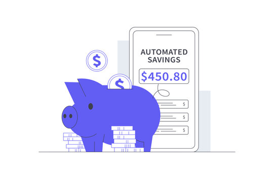 Daily Investment Automated Savings and Mobile Banking Piggy Bank. Piggy Bank with Dollar Coin near Smartphone Screen Displaying Automated Savings. Flat Cartoon Vector Illustration icon Stylish web