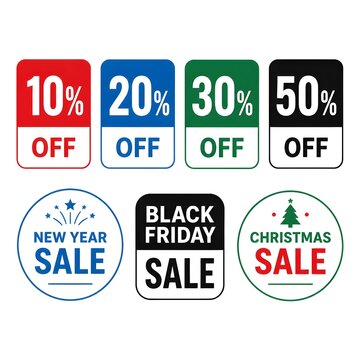 Minimalist Modern Sale Labels Set with Percentage Discounts and Holiday Promotions