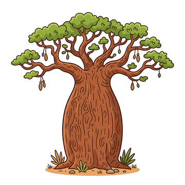 African Baobab Tree Cartoon Vector Illustration with Thick Trunk