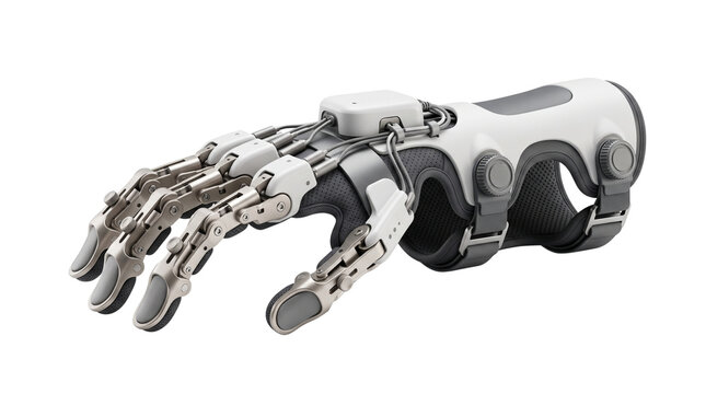 Futuristic bionic prosthetic hand isolated on white, advanced robotic limb for medical technology, modern biomechanical hand device