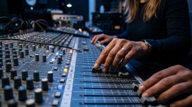 A close up view of a sound engineer adjusting audio faders on a mixing console during music production, capturing professional studio work with focused hands on equipment