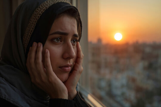 Face of sad Arabian Muslim woman sits by window during sunset. Arabian female looks out with worried expression